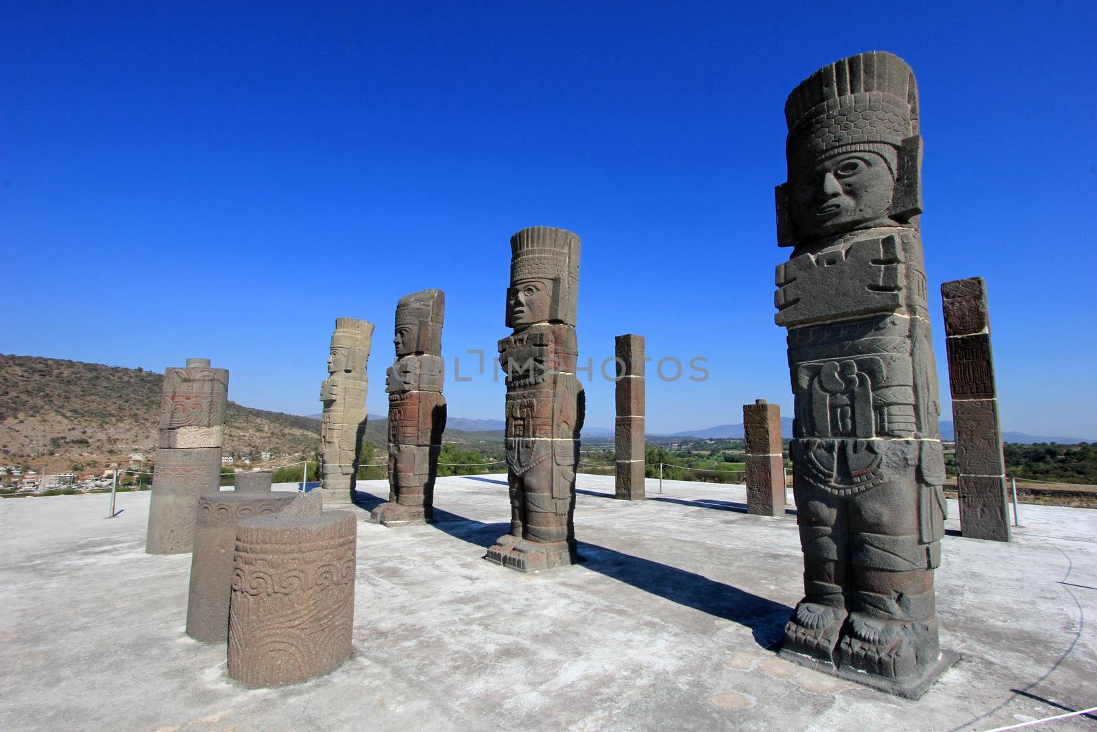 Toltec warriors columns topping the pyramid of Quetzalcoatl in Tula, mesoamerican archaeological site, Mexico