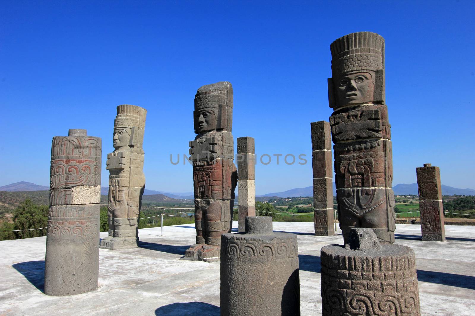 Toltec warriors columns topping the pyramid of Quetzalcoatl in Tula, mesoamerican archaeological site, Mexico