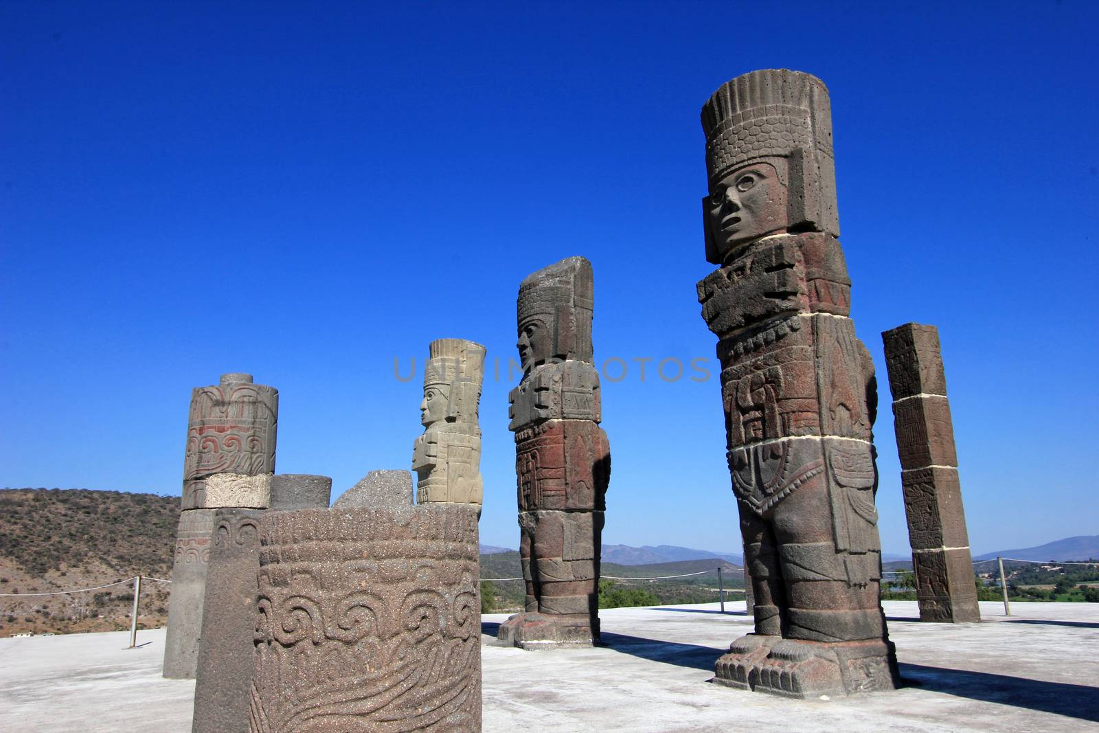 Toltec warriors columns topping the pyramid of Quetzalcoatl in Tula, mesoamerican archaeological site, Mexico