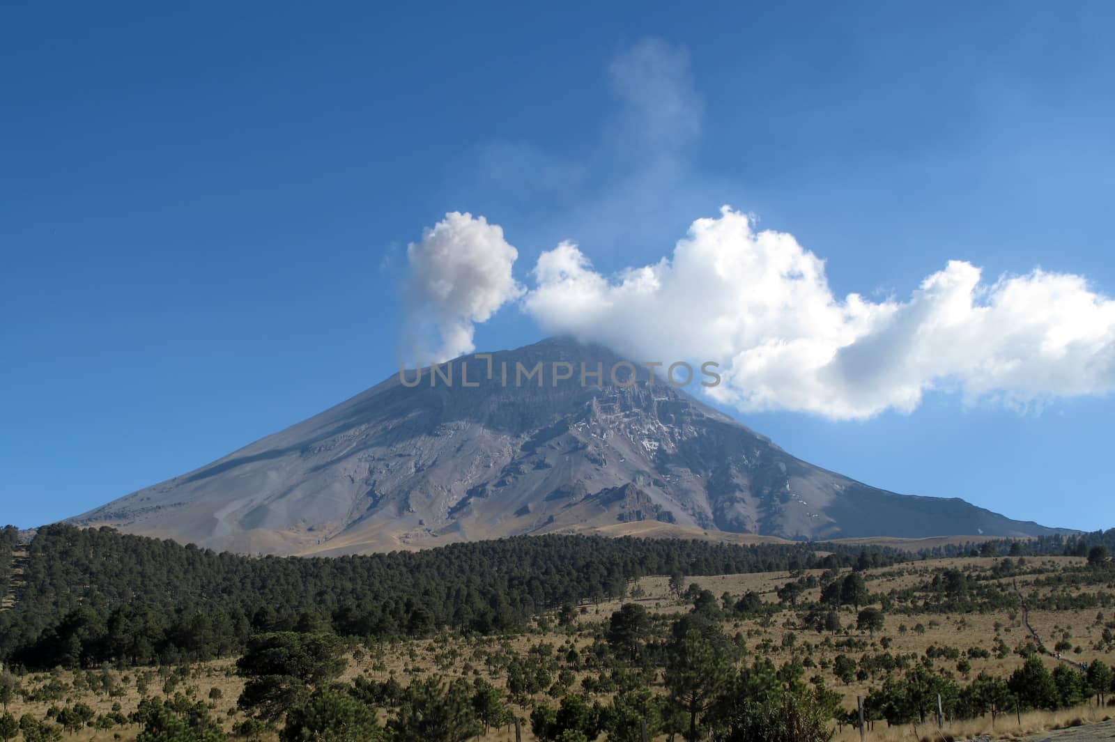 Active Popocatepetl volcano in Mexico, one of the highest mountains in the country