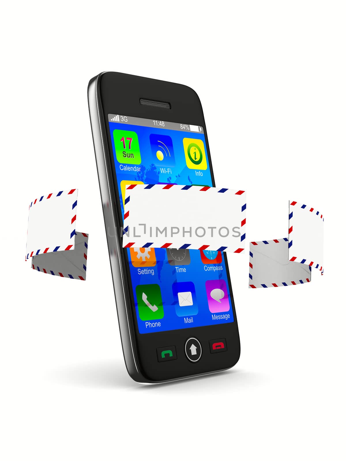 phone and mail on white background. Isolated 3D image