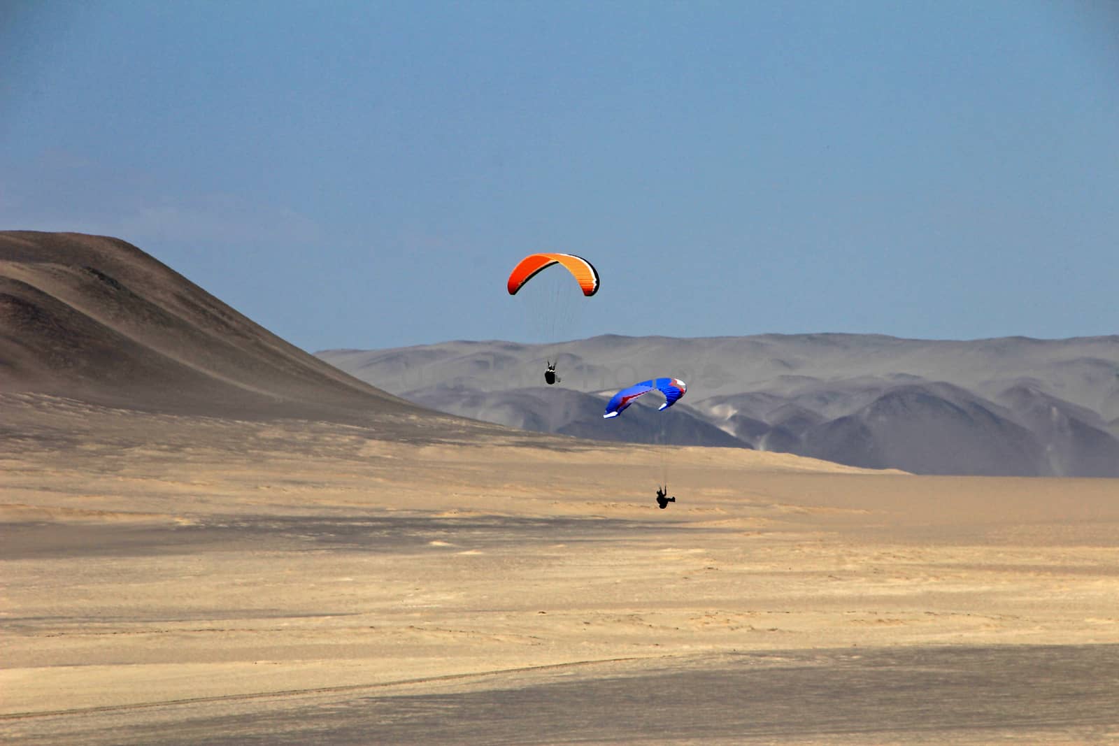 Paraglider soaring over the cliffs at oceanfront of Paracas Peru