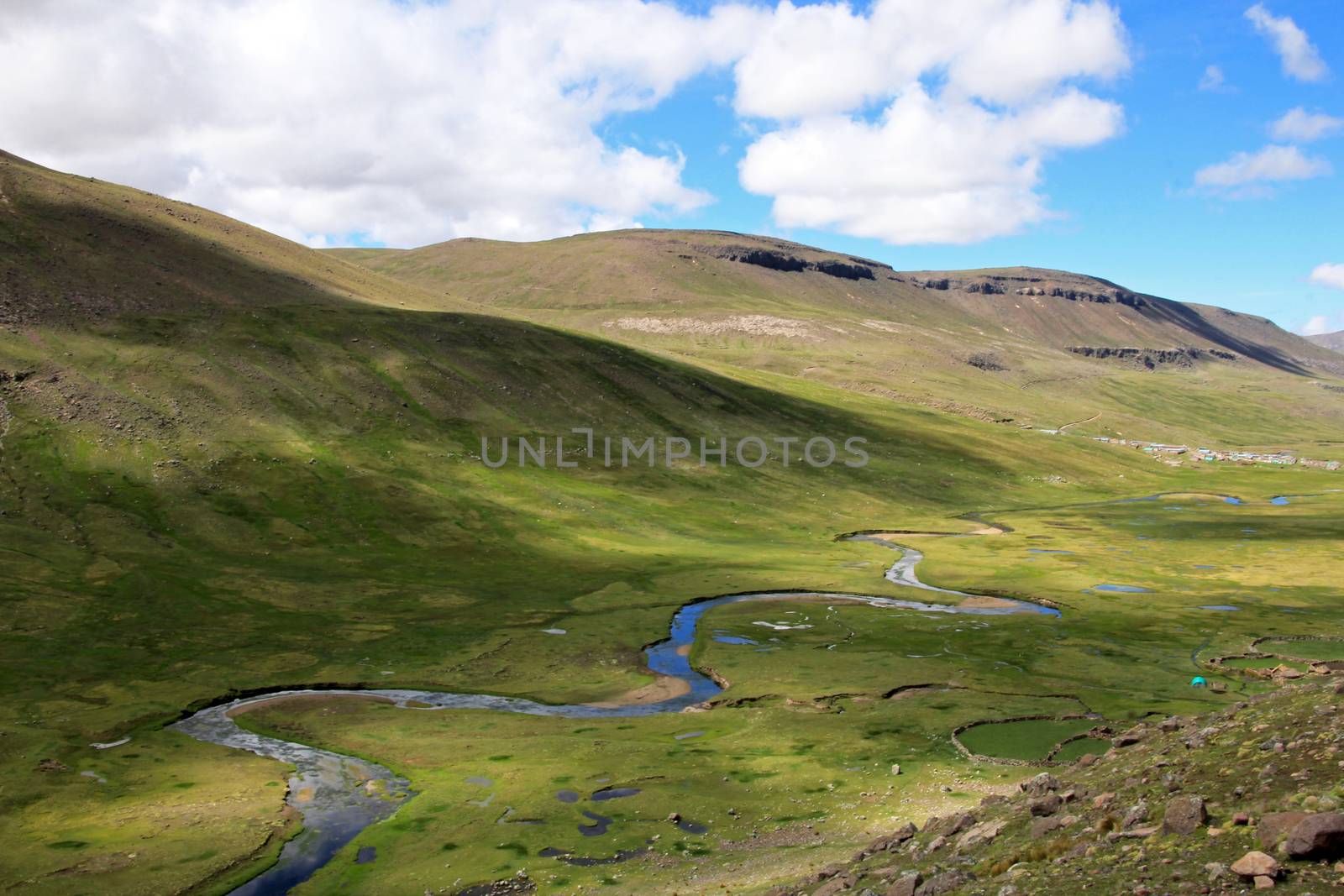 River meandering in a valley in the andes of southern Peru