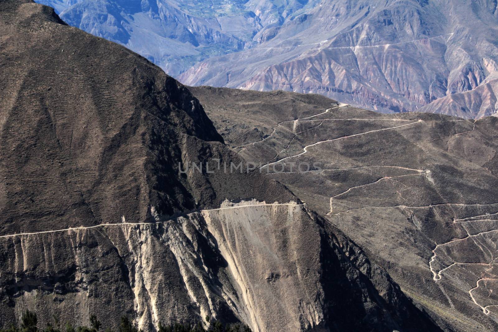 Cotahuasi Canyon Peru with dead road leading into deep canyon. one of the deepest and most beautiful canyons in the world