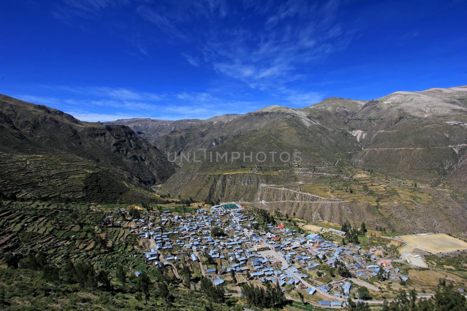 Overview to the nice mountain village Puica at the edge of the very deep Cotahuasi canyon, Peru