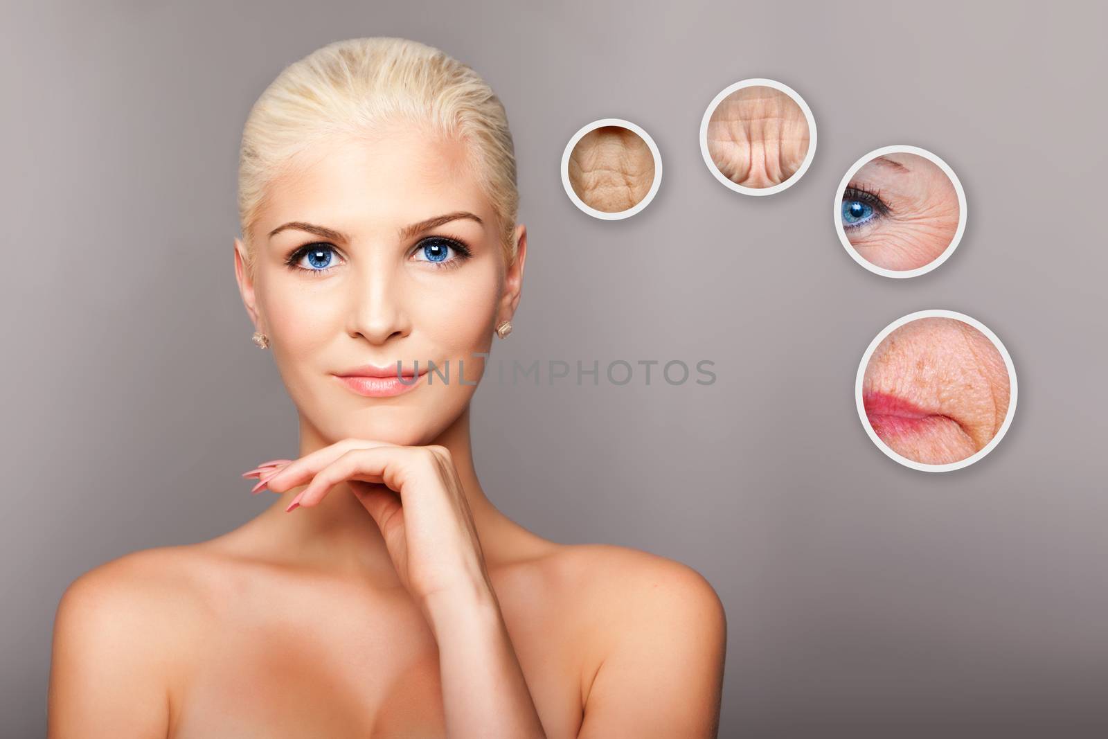 Beauty portrait face of happy smiling beautiful blond woman with blue eyes and smooth skin thinking of aging, aesthetics cosmetics skincare concept.