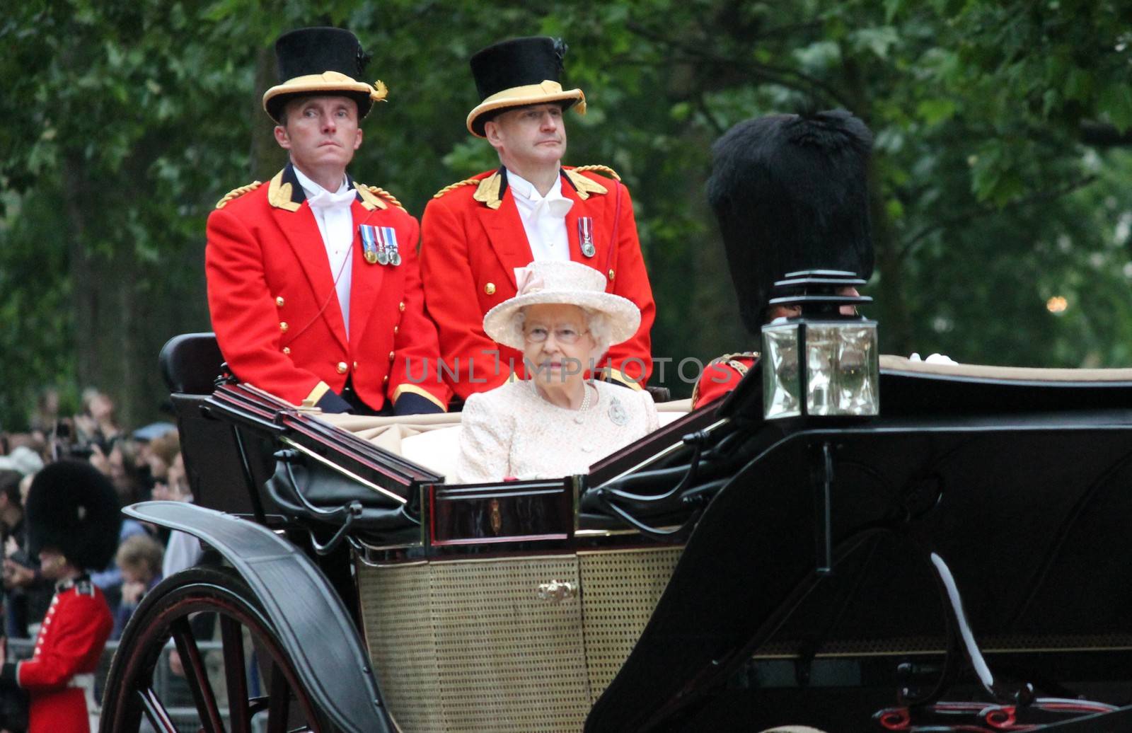 London, UK - June 13 2015: The Queen Elizabeth and Prince Phillip appear during Trooping the Colour ceremony by cheekylorns