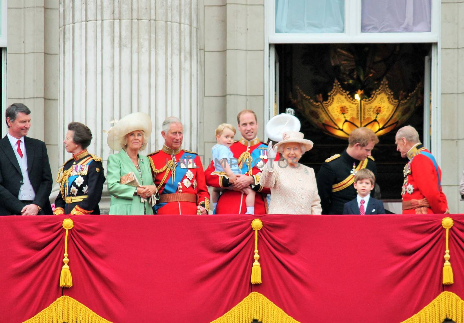 LONDON, UK - JUNE 13: The Royal Family appears on Buckingham Palace balcony during Trooping the Colour ceremony, also Prince Georges first appearance on balcony, on June 13, 2015 in London