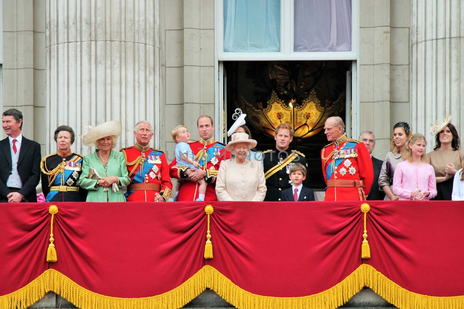 LONDON, UK - JUNE 13: The Royal Family appears on Buckingham Palace balcony during Trooping the Colour ceremony, also Prince Georges first appearance on balcony, on June 13, 2015 in London