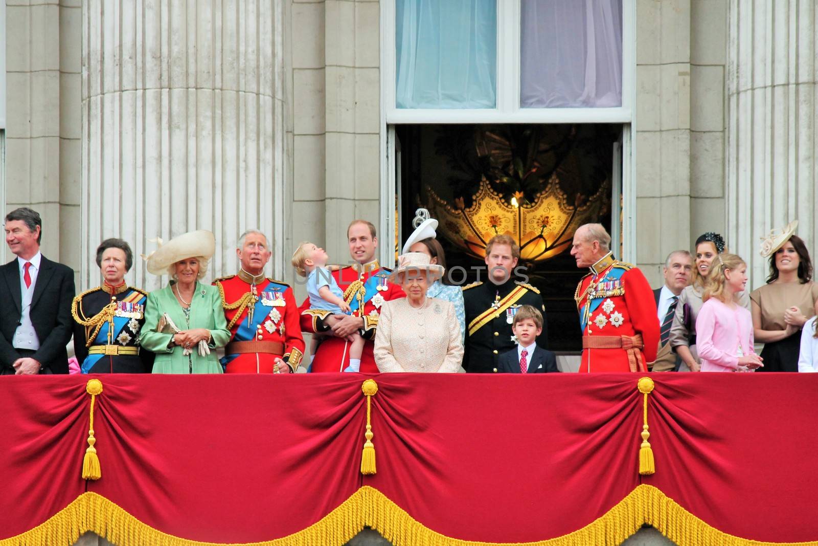 LONDON, UK - JUNE 13: The Royal Family appears on Buckingham Palace balcony during Trooping the Colour ceremony, also Prince Georges first appearance on balcony, on June 13, 2015 in London