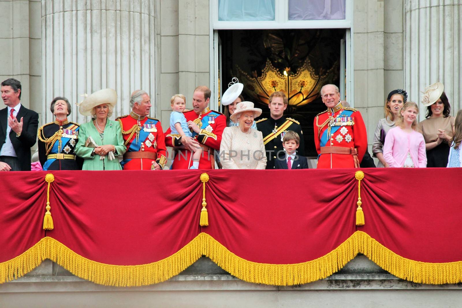 LONDON, UK - JUNE 13: The Royal Family appears on Buckingham Palace balcony during Trooping the Colour ceremony, also Prince Georges first appearance on balcony, on June 13, 2015 in London