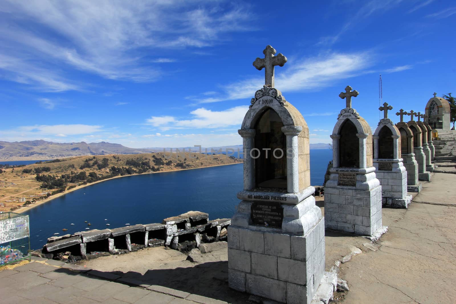 Crosses on the mountain over lake Titicaca and Copacabana, Bolivia