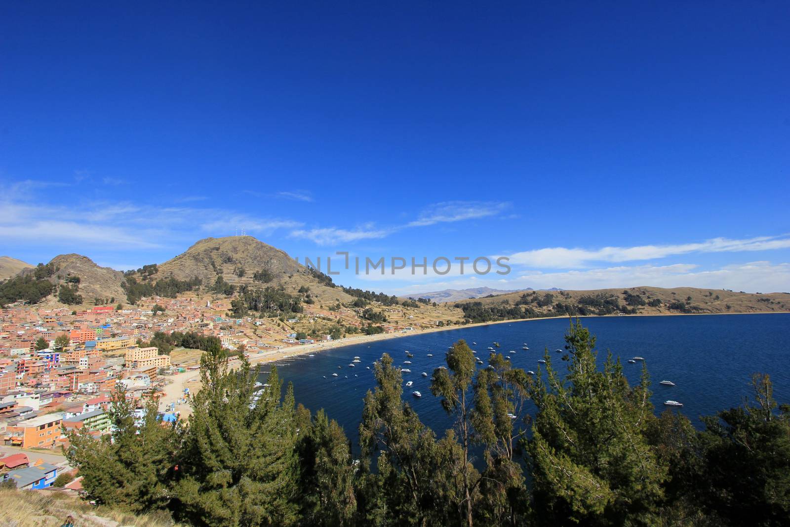 Bay in Copacabana Bolivia, lake Titicaca, view from the mountain