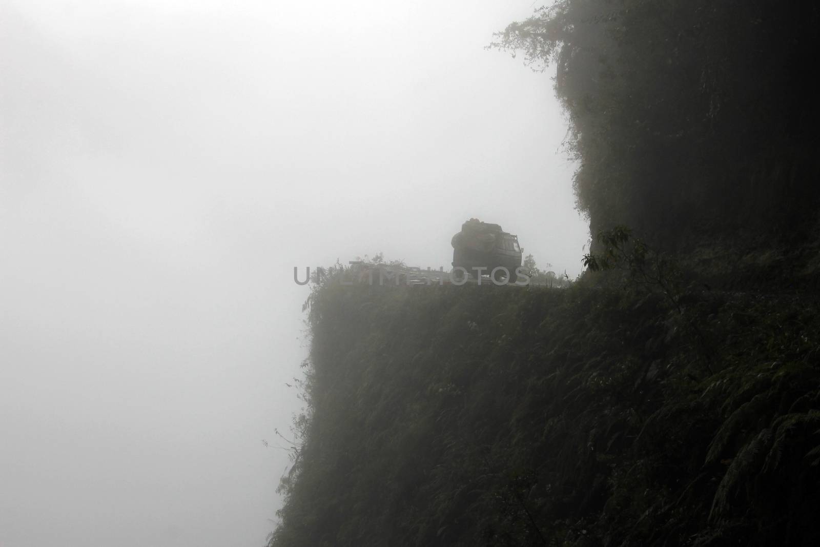 Van on oeath road, so called the worlds most dangerous road in Bolivia South America