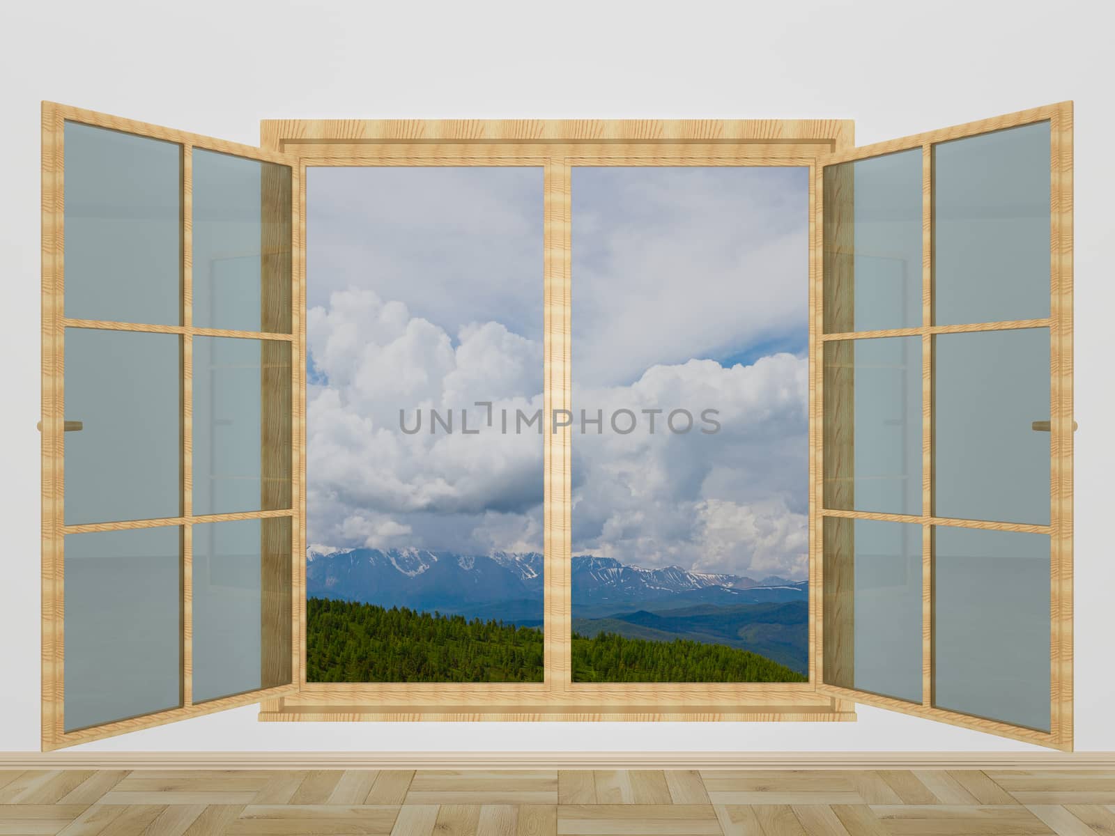 Mountain landscape behind a window. 3D image
