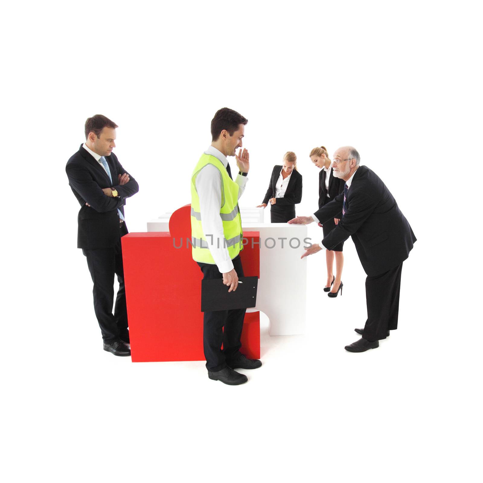 Group of business people recieving jigsaw puzzle of business isolated on white background