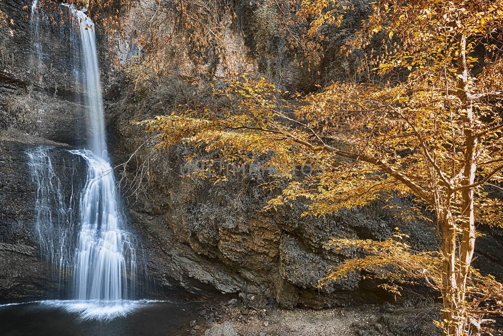 Waterfall in the forest, autumn season by Mdc1970