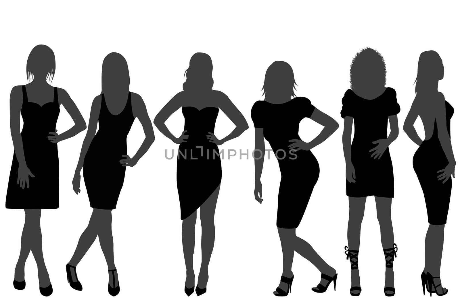 Women silhouettes set with rainbow color dresses and shoes