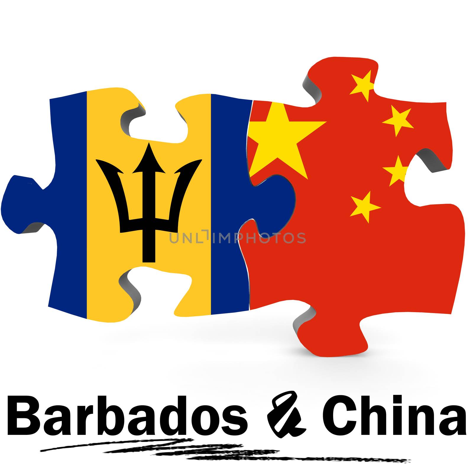 China and Barbados Flags in puzzle isolated on white background, 3D rendering