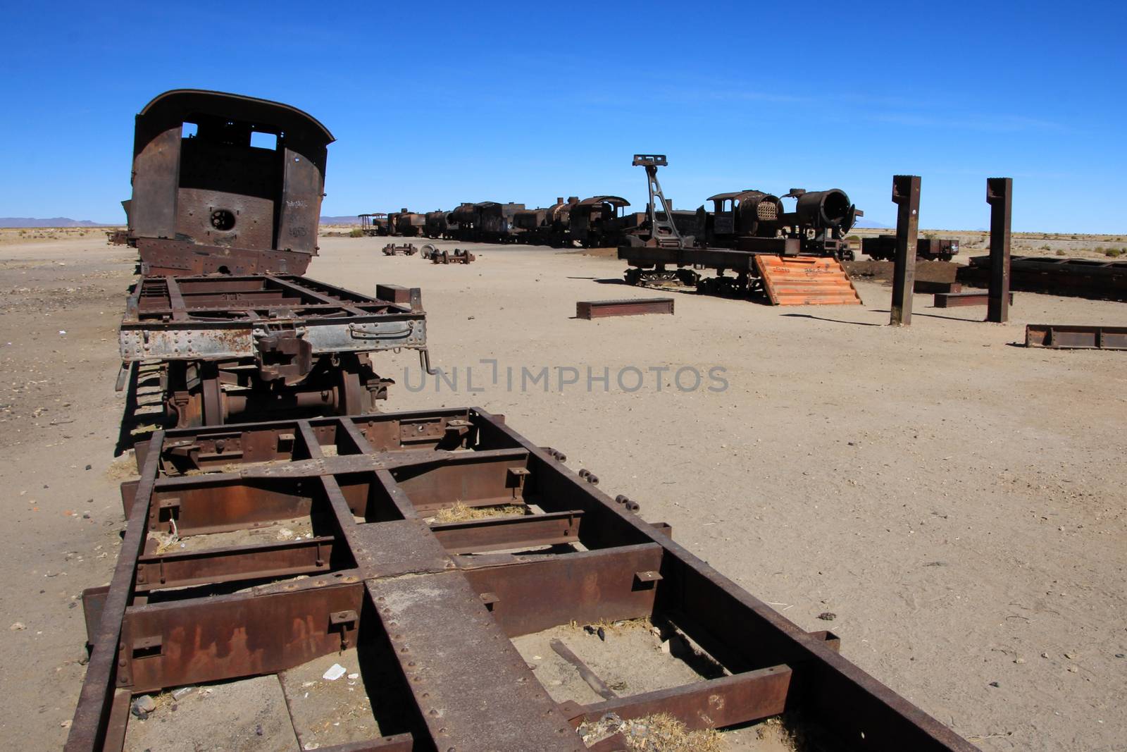 Graveyard of rusty old trains in the desert of Uyuni, Bolivia