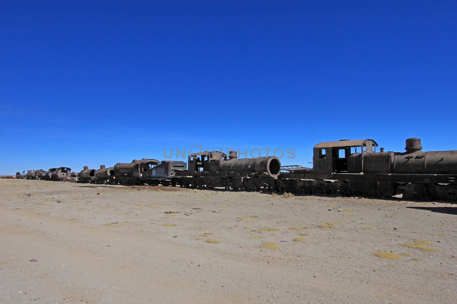 Graveyard of rusty old trains in the desert of Uyuni, Bolivia