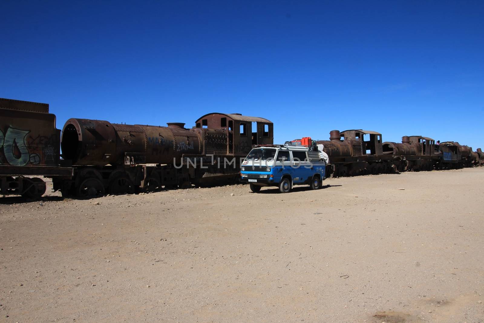 Graveyard of rusty old trains in the desert of Uyuni, Bolivia