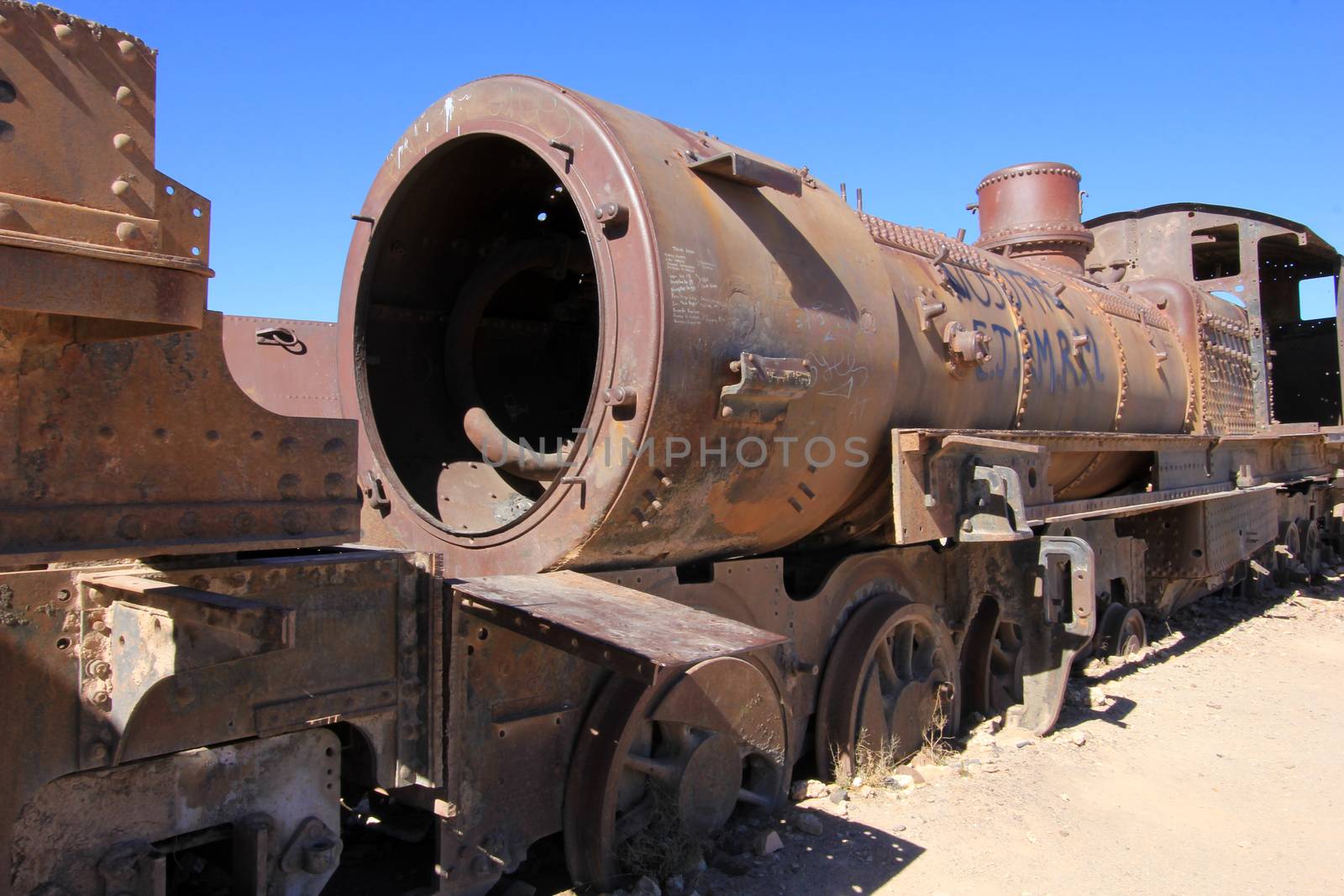 Graveyard of rusty old trains in the desert of Uyuni, Bolivia
