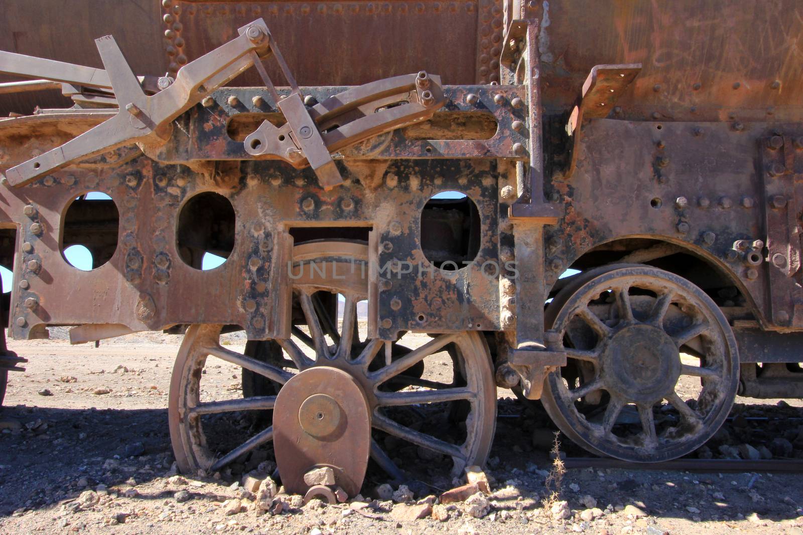 Graveyard of rusty old trains in the desert of Uyuni, Bolivia