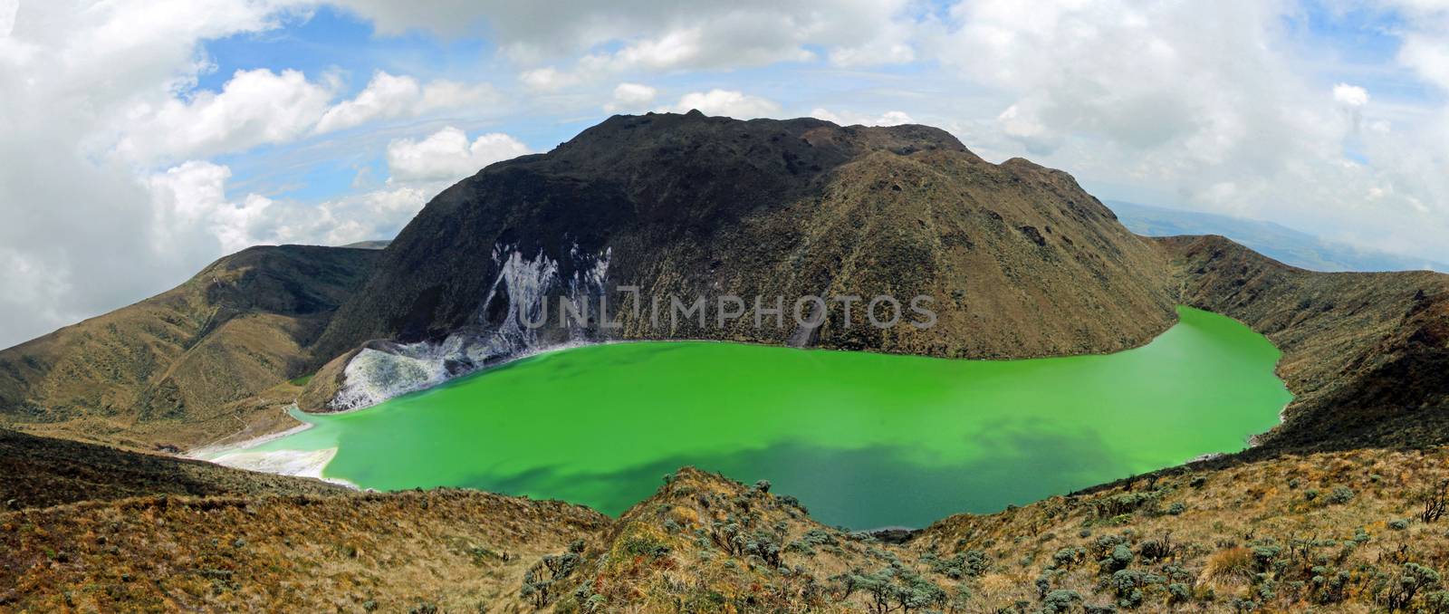 The beautiful deep green colors of Lake Laguna Verde in Narino, Colombia.