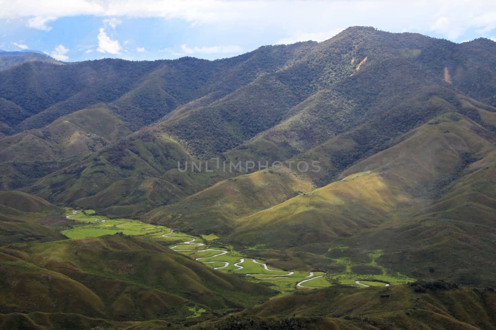 River meandering in Huaylla Belen Valley, northern Peru near Chachapoyas. Nice light and peaceful scenery.