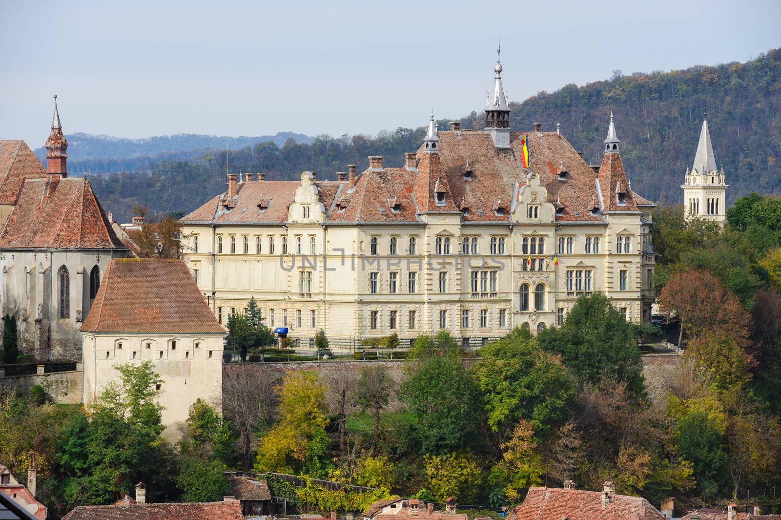 View over the cityscape and roof architecture in Sighisoara town, Romania