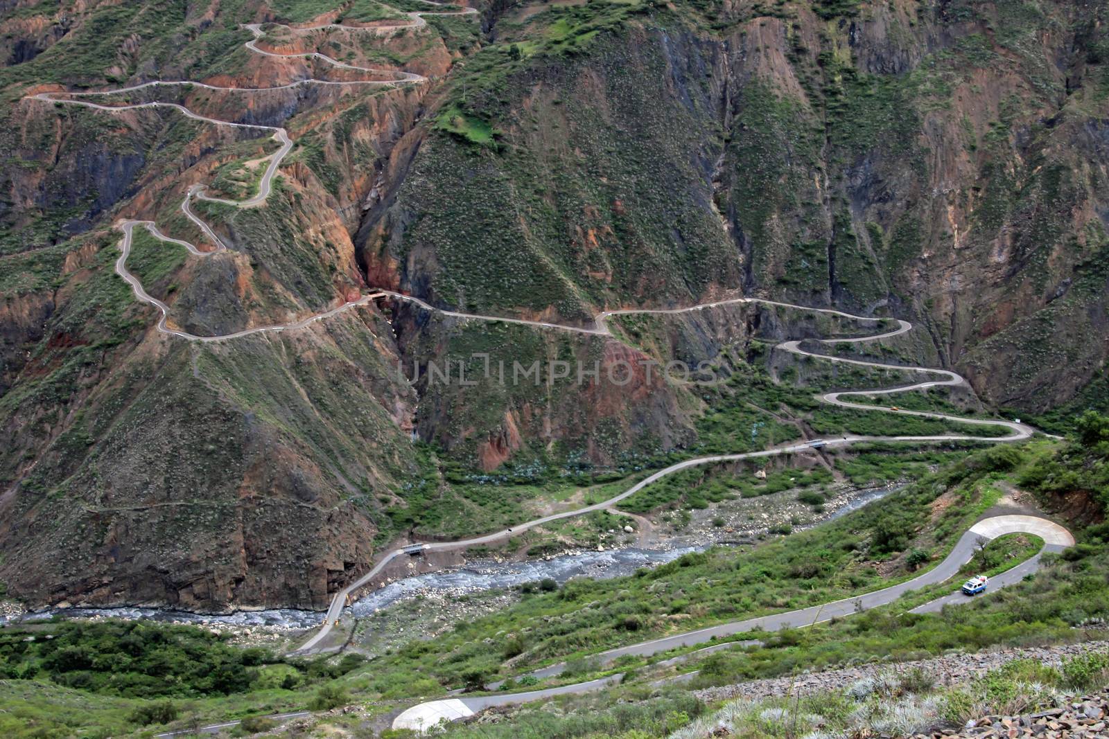 Nice curvy winding road leading down to Tablachaca canyon and the same called river in northern Peru. Located north of Pato Canyon and the Cordillera Blanca.