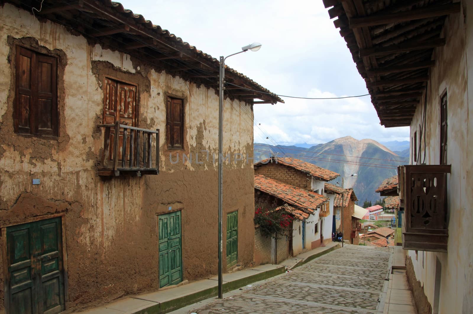 Typical houses in the peruvian mountains in the village of Pallasca in northern Peru, near Tablachaca Canyon and Pato Canyon, north of Cordillera Blanca.