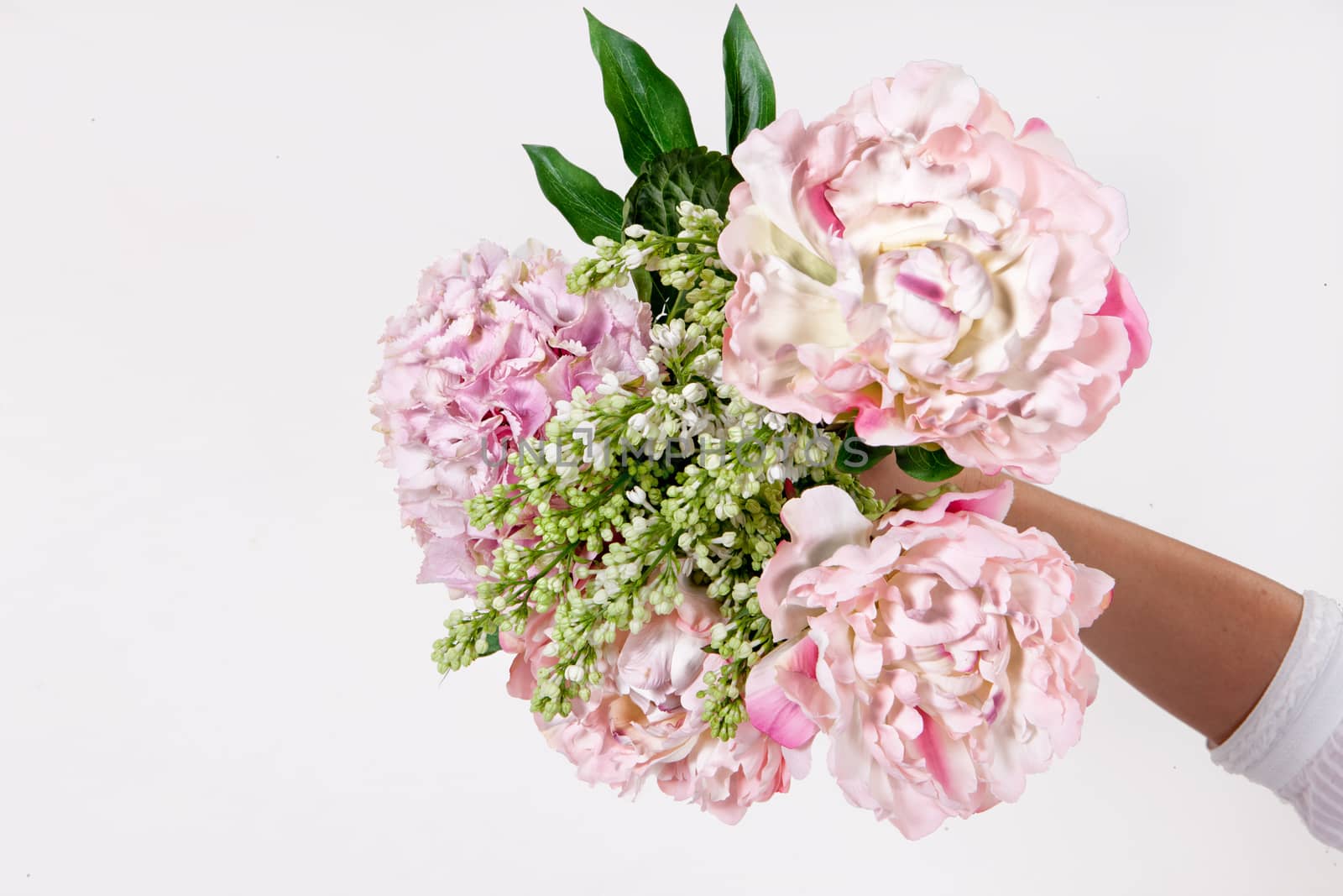 Hand holding a bouquet of different flowers on an isolated studio background
