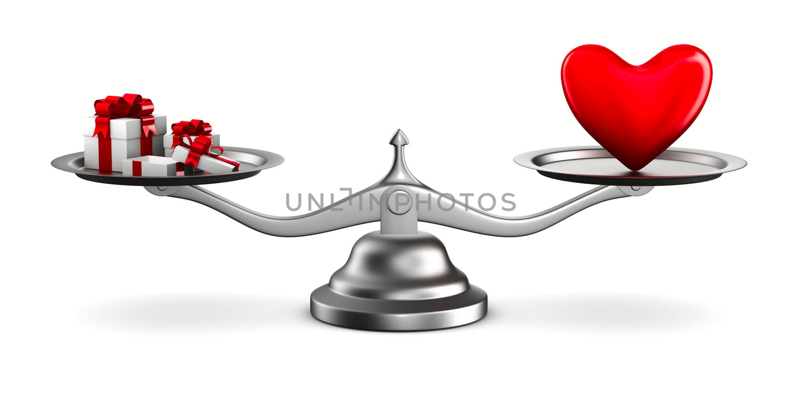 Heart and gift boxes on scales. Isolated 3D image