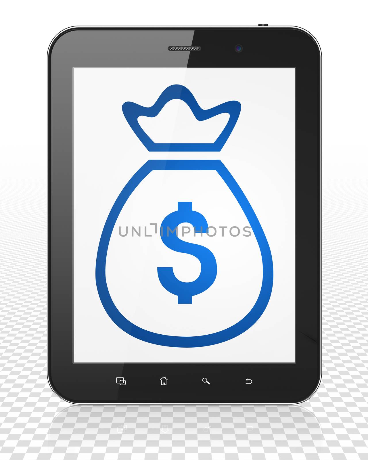 Currency concept: Tablet Pc Computer with blue Money Bag icon on display, 3D rendering