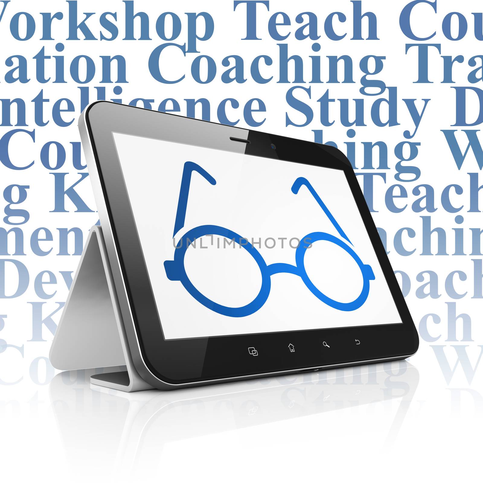Education concept: Tablet Computer with  blue Glasses icon on display,  Tag Cloud background, 3D rendering