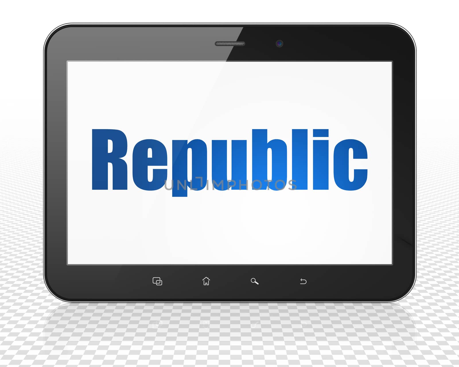 Political concept: Tablet Pc Computer with blue text Republic on display, 3D rendering