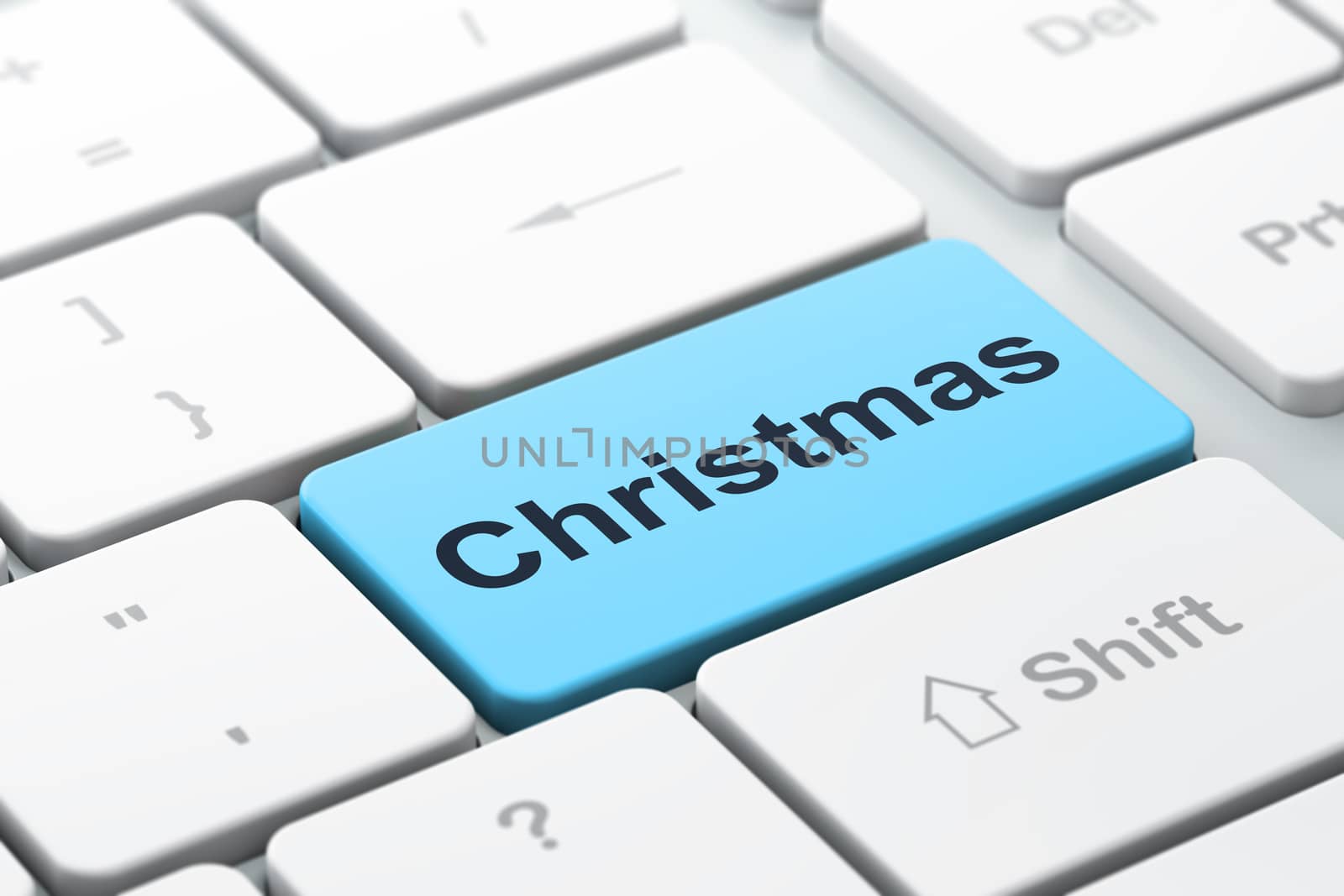 Entertainment, concept: computer keyboard with word Christmas, selected focus on enter button background, 3D rendering