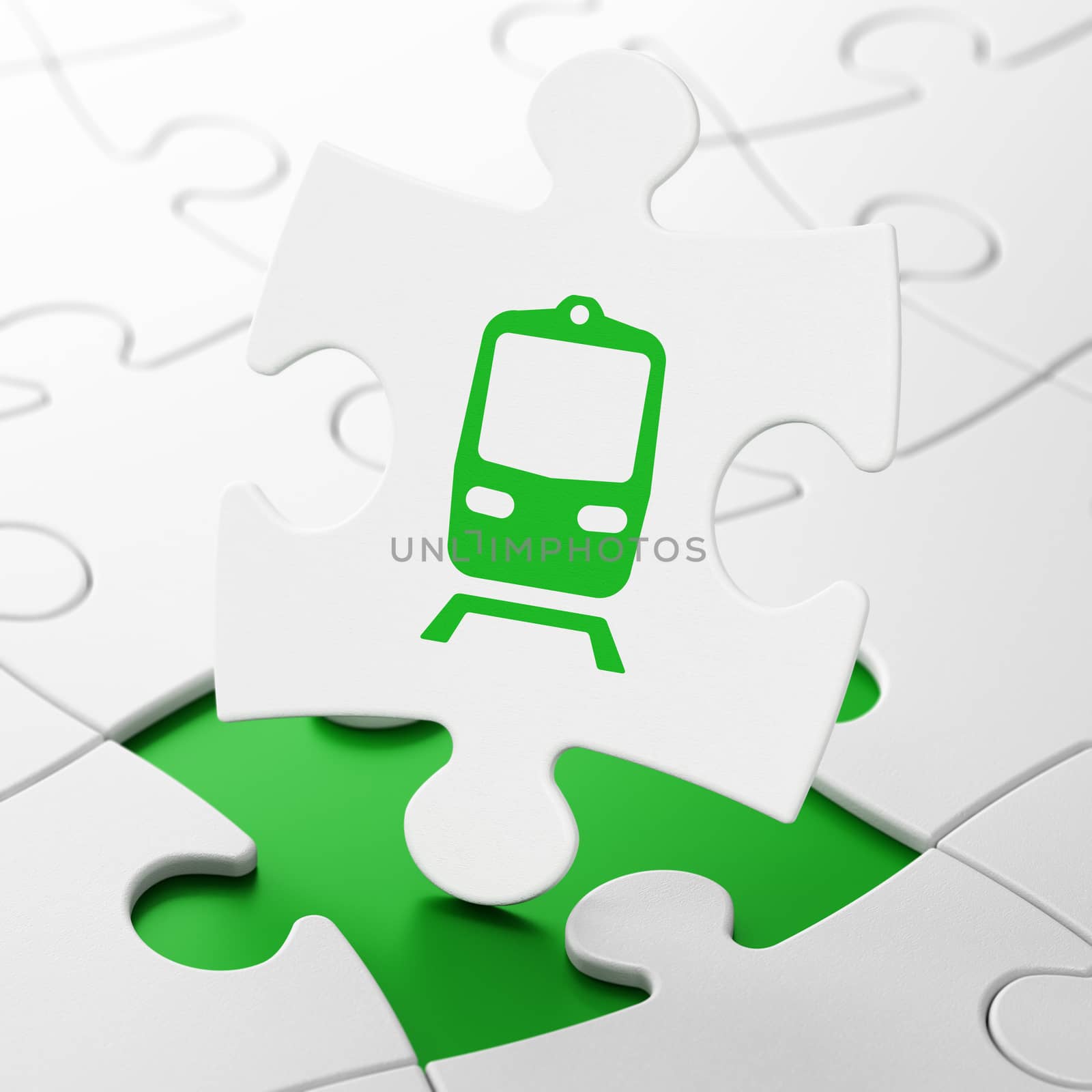 Vacation concept: Train on White puzzle pieces background, 3D rendering