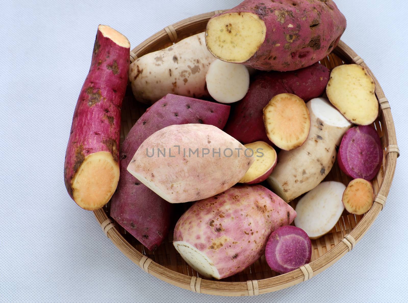 Diversity sweet potato on white background, healthy food that rich fiber, vitamin, starch and mineral, this cereal absorb toxin, fat so good for digestive system