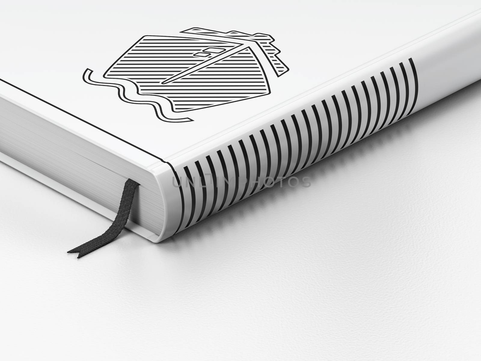 Vacation concept: closed book with Black Ship icon on floor, white background, 3D rendering