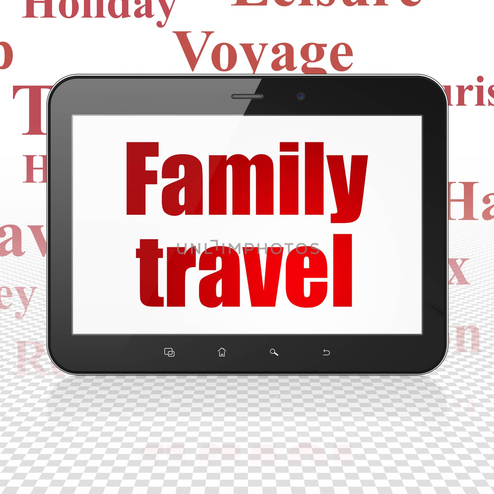 Vacation concept: Tablet Computer with Family Travel on display by maxkabakov