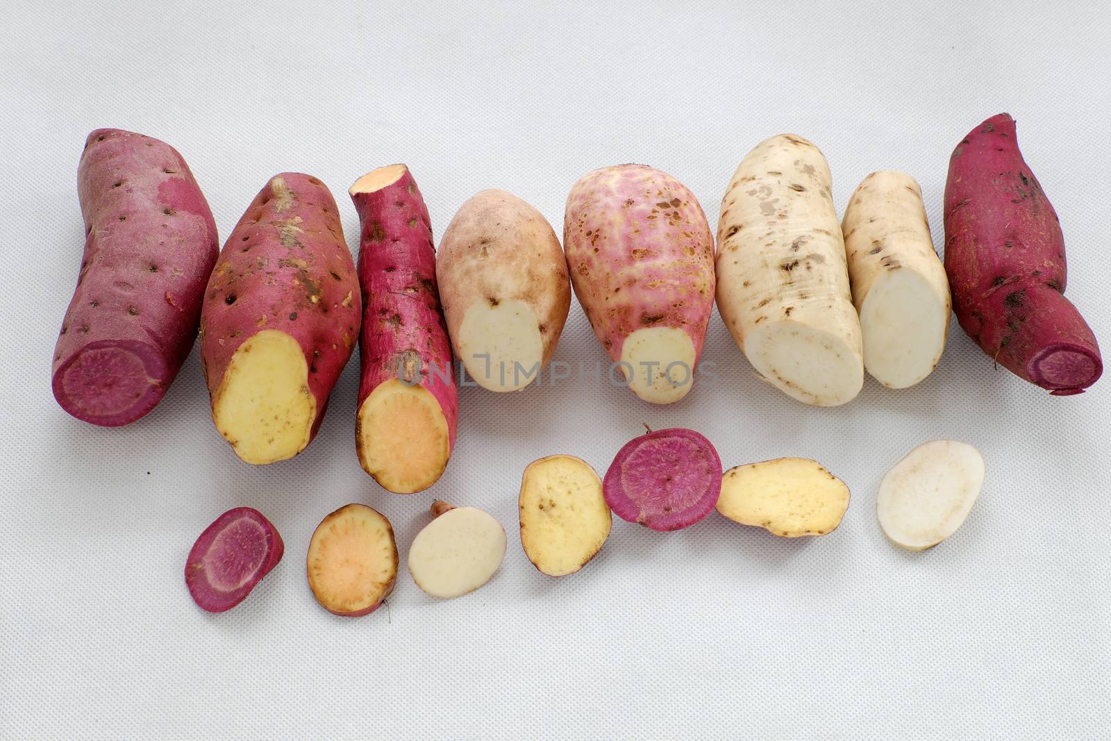 Diversity sweet potato on white background, healthy food that rich fiber, vitamin, starch and mineral, this cereal absorb toxin, fat so good for digestive system