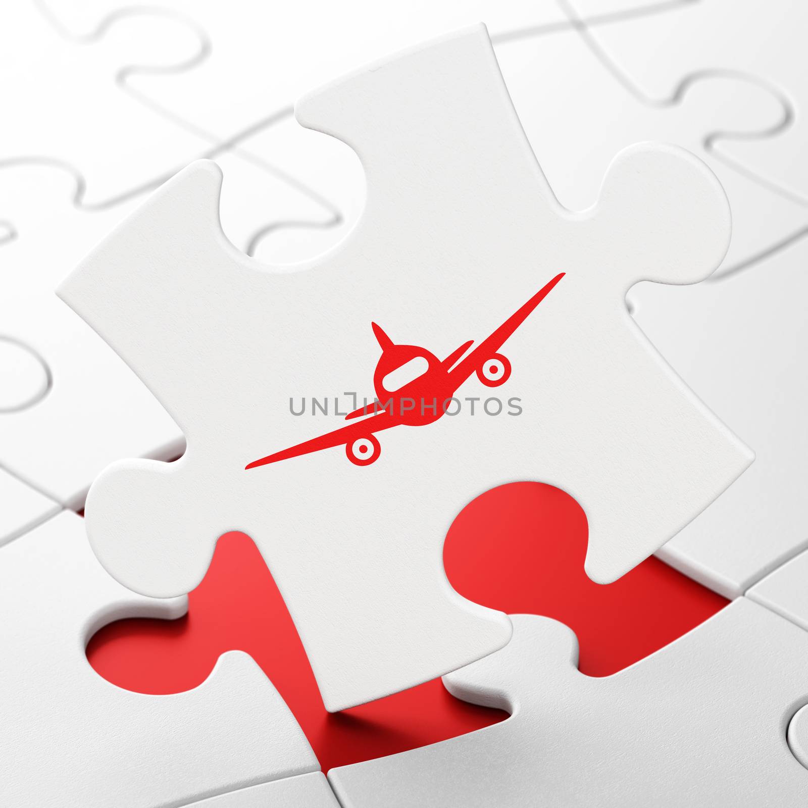 Tourism concept: Aircraft on puzzle background by maxkabakov