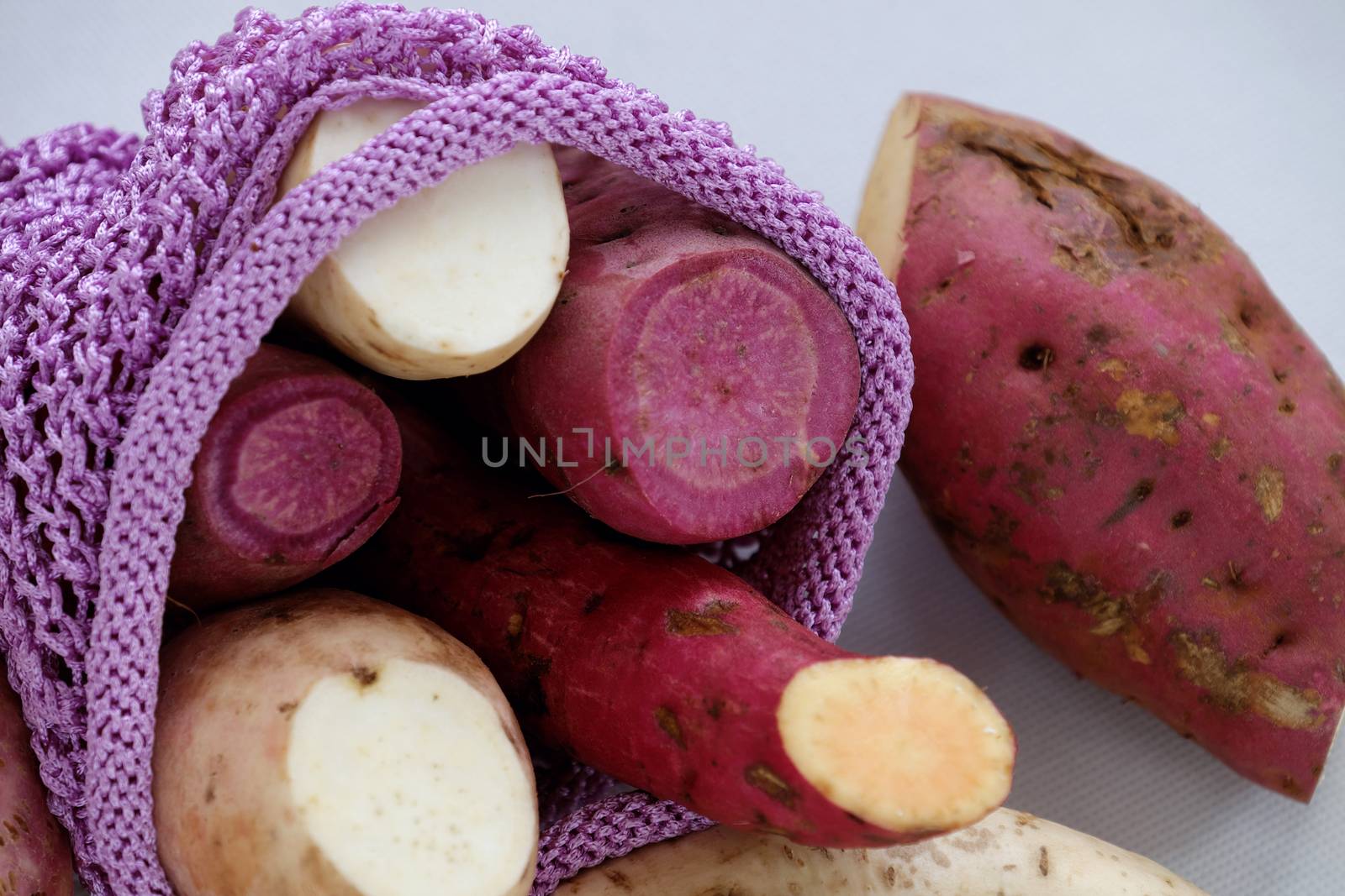 Diversity sweet potato on white background, healthy food that rich fiber, vitamin, starch and mineral, this cereal absorb toxin, fat so good for digestive system