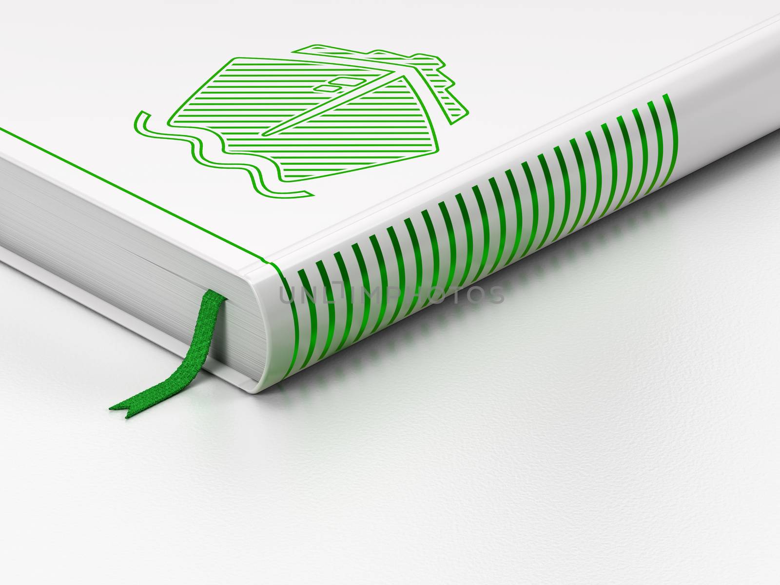 Vacation concept: closed book with Green Ship icon on floor, white background, 3D rendering