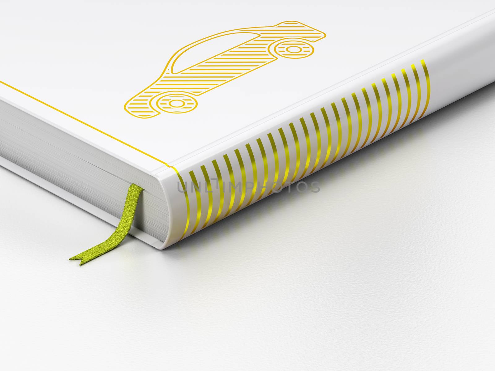 Tourism concept: closed book with Gold Car icon on floor, white background, 3D rendering