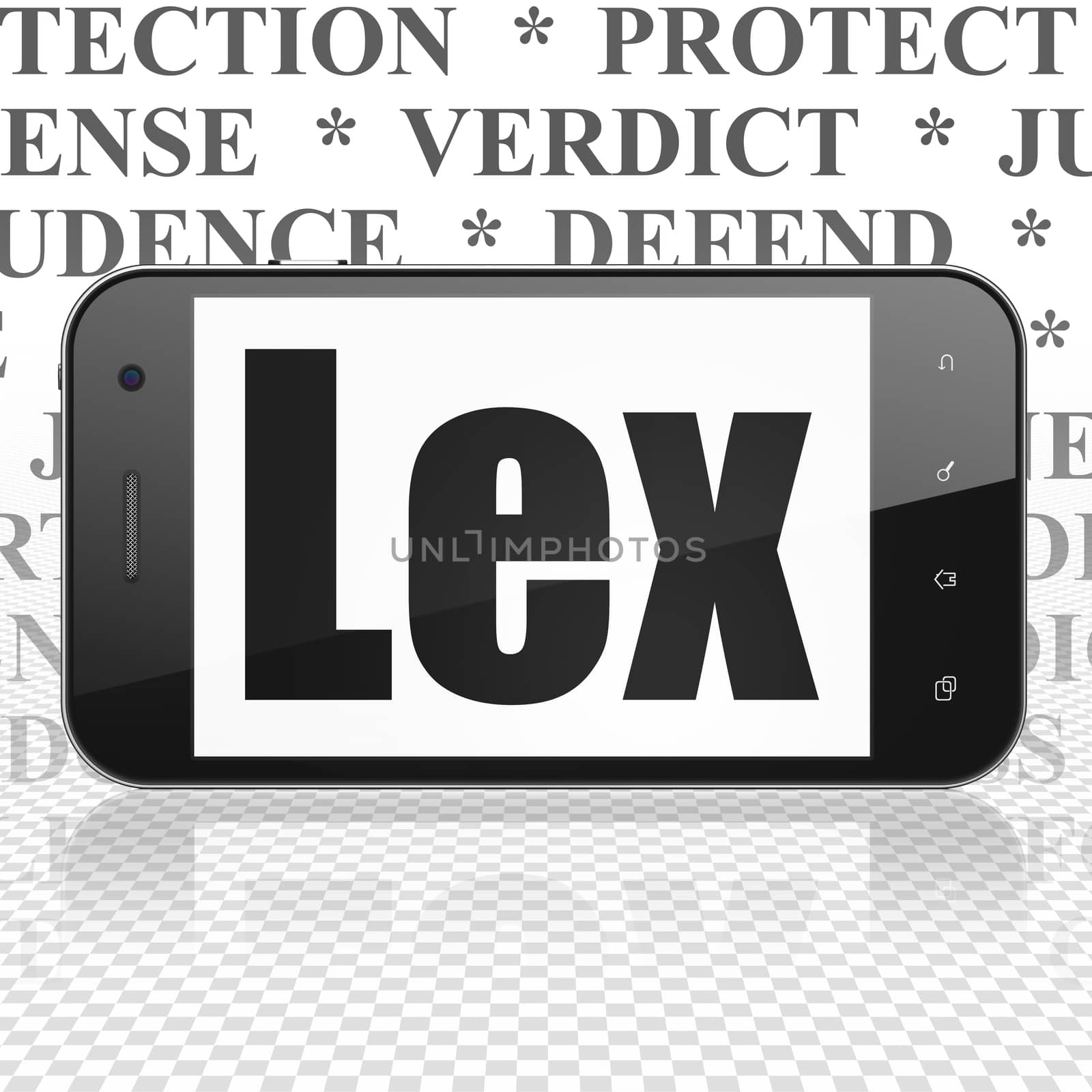 Law concept: Smartphone with  black text Lex on display,  Tag Cloud background, 3D rendering