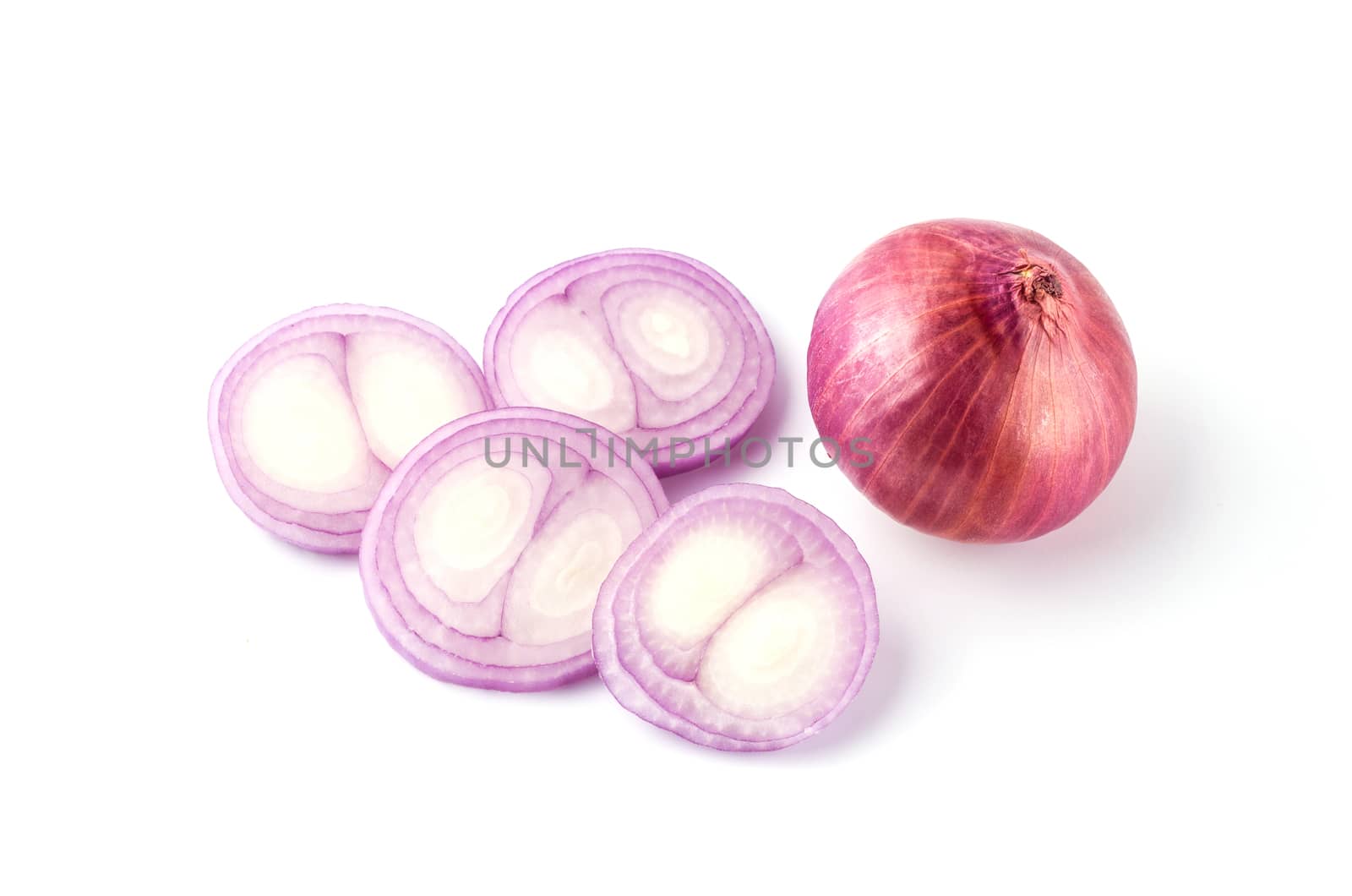 Red sliced onion isolated on white background